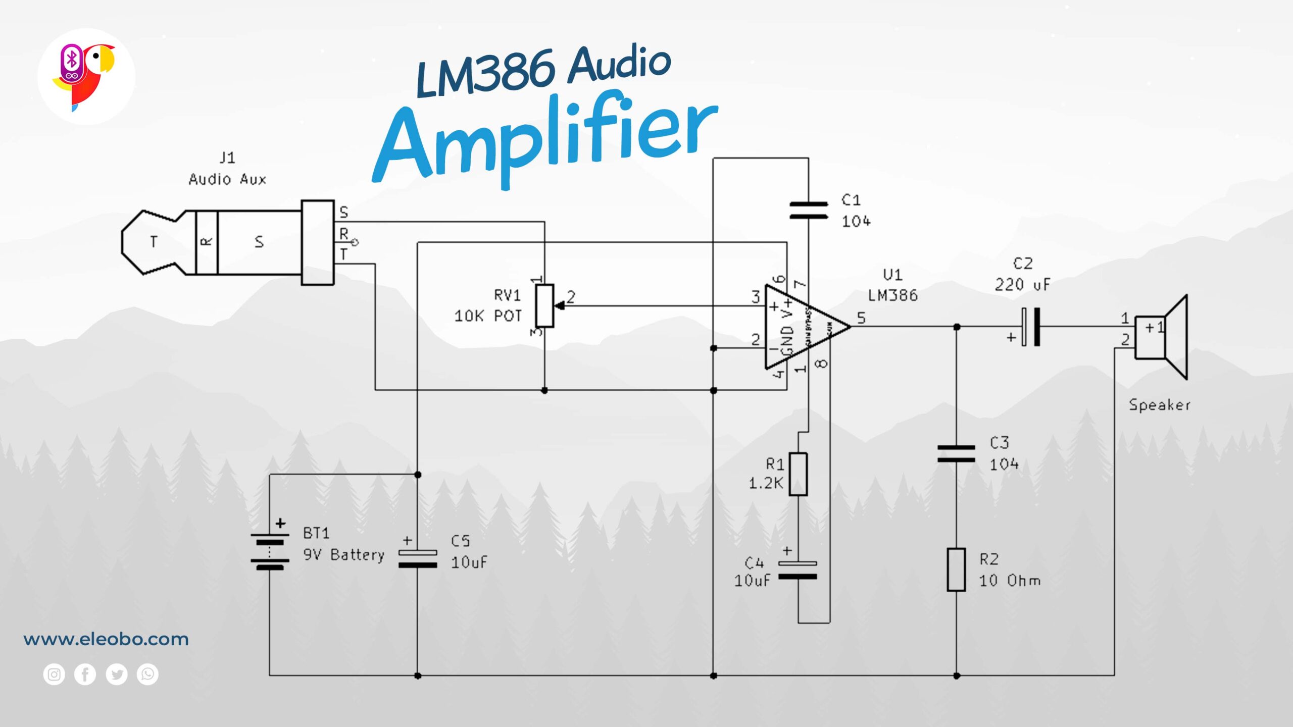 LM386 amplifier project: Learn how to build an audio amplifier circuit using LM386 IC, resistors, capacitors, trimpot, AUX cable, and a speaker.