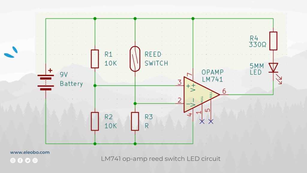 LM741 op-amp reed switch LED circuit